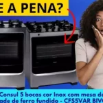 Fogão Consul 5 bocas cor Inox com mesa de vidro e grade de ferro fundido – CFS5VAR BIVOLT