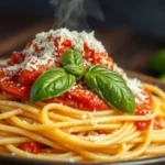 Receita de Espaguete ao molho de tomate fresco com manjericão e queijo ralado