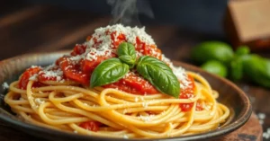 Receita de Espaguete ao molho de tomate fresco com manjericão e queijo ralado