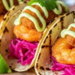 Tacos de Camarão com Maionese Picante de Abacate e Repolho Roxo Fermentado