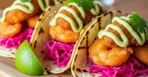 Tacos de Camarão com Maionese Picante de Abacate e Repolho Roxo Fermentado