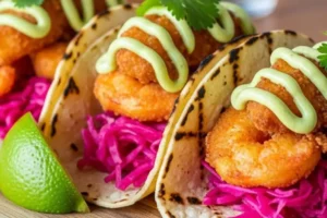 Tacos de Camarão com Maionese Picante de Abacate e Repolho Roxo Fermentado