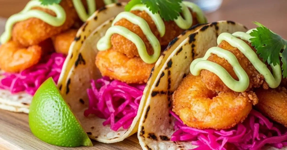 Tacos de Camarão com Maionese Picante de Abacate e Repolho Roxo Fermentado