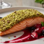 Salmão Grelhado com Crosta de Pistache e Molho de Frutas Vermelhas