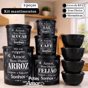 Kit com 9 potes para mantimentos de cozinha de plástico decorado